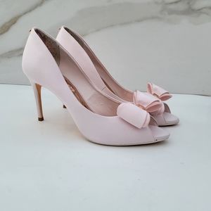 Ted Baker | Satin Peep Toe Pumps with Bow & Rose Gold Embellishment Size 40